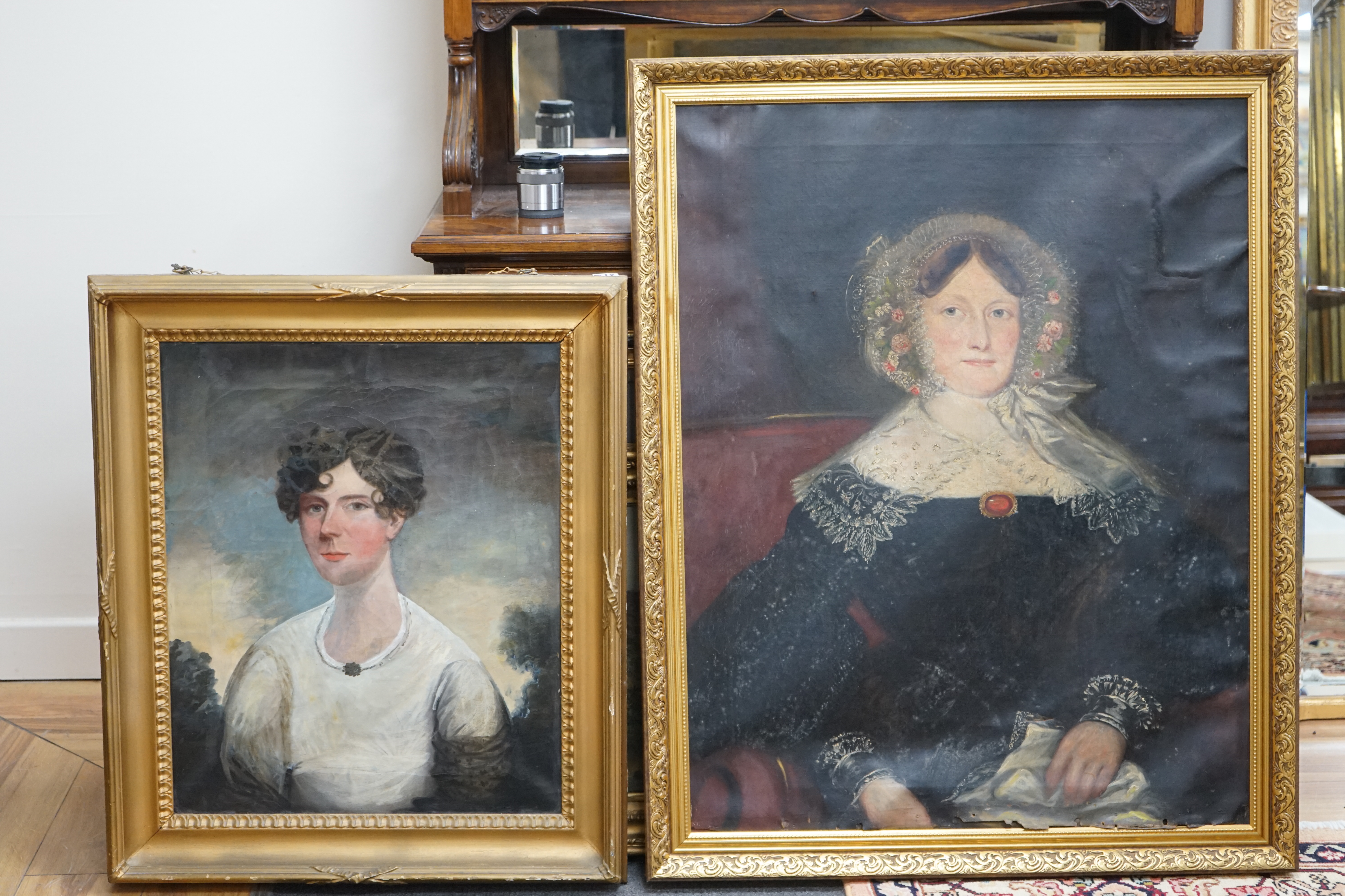 Two 19th century oils on canvas, comprising Regency naive School, portrait of a young lady and a mid 19th century School, portrait of a lady in mourning, largest 90 x 70cm. Condition - poor
